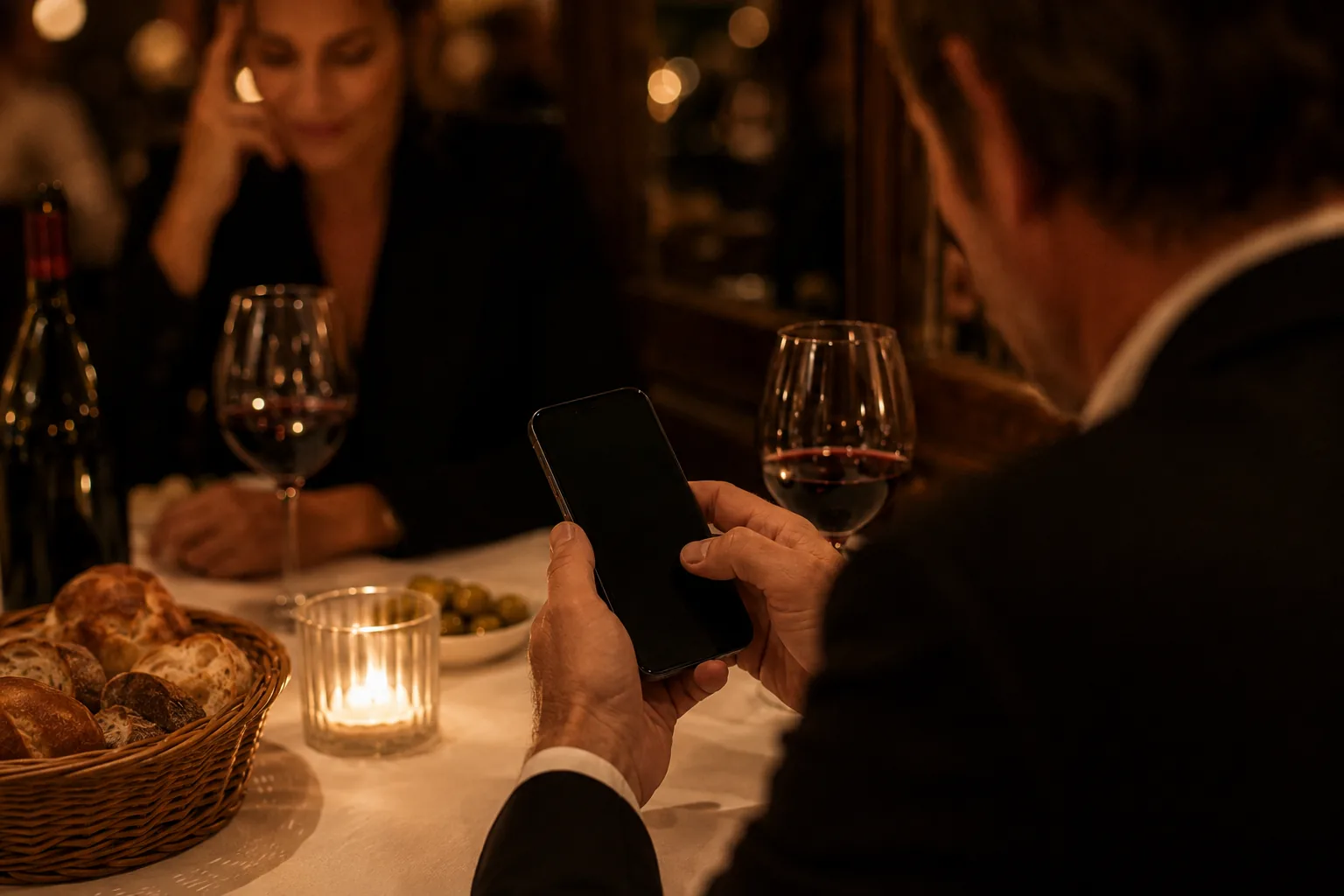 Cliente escolhendo vinho pelo celular na mesa do restaurante