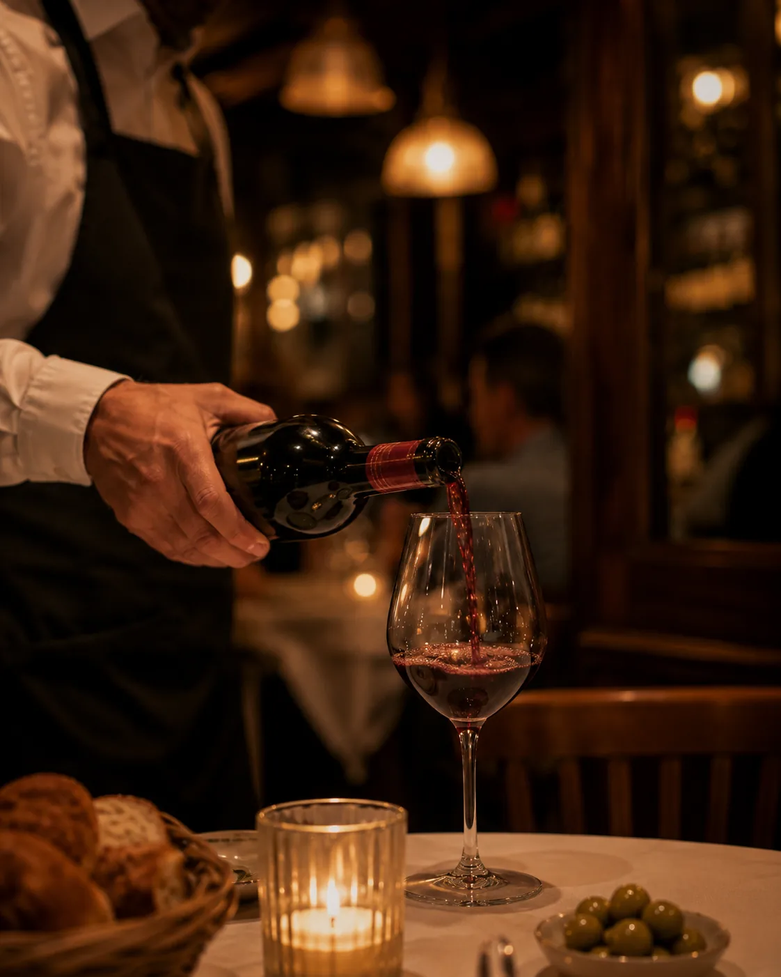 Sommelier servindo vinho tinto em bistrô à luz de velas